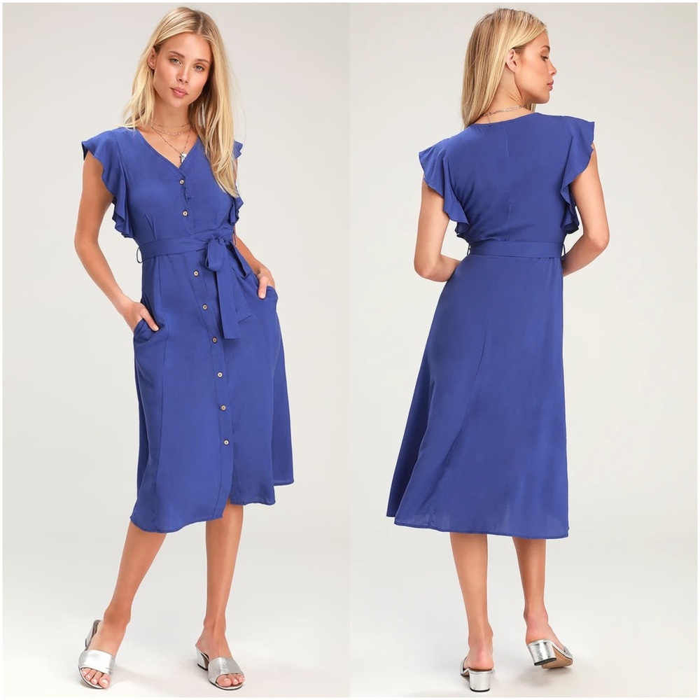 Lulus Capri Coast Royal Blue Button-Front Midi Dress